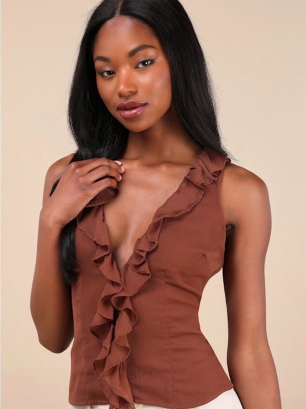 Lulus NWT Brown Ruffle Deep V Sleeveless Top Chocolate Chiffon Size XS